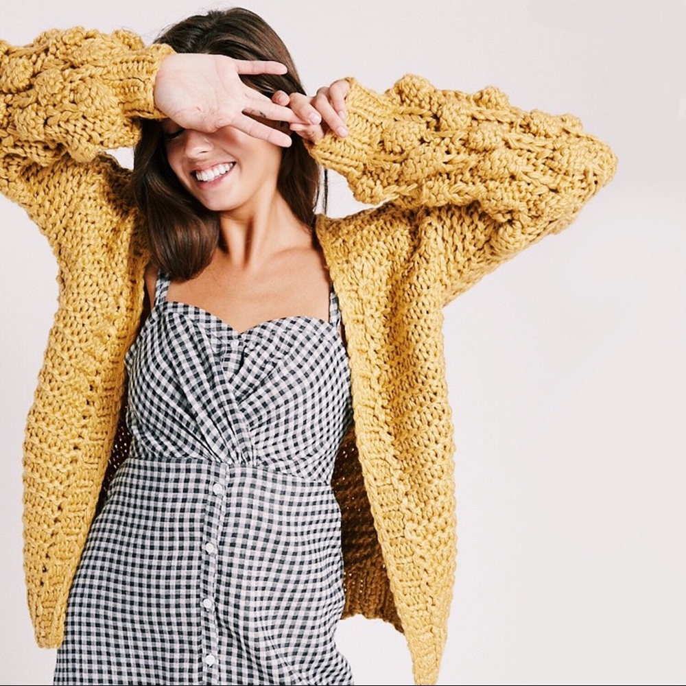 NEW! Mustard Pom Sleeve Loose Knit Fuzzy Cardigan - Picture 2 of 7